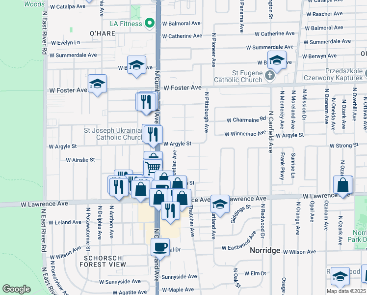 map of restaurants, bars, coffee shops, grocery stores, and more near 8285 West Argyle Street in Norridge