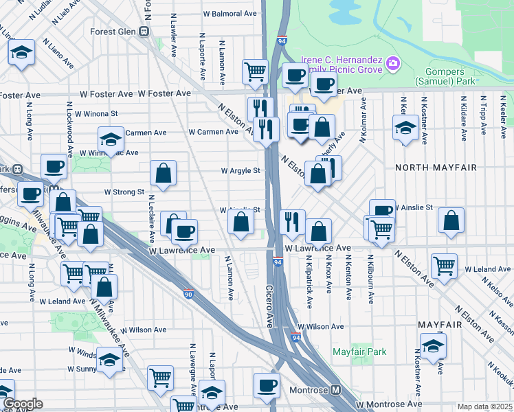 map of restaurants, bars, coffee shops, grocery stores, and more near 4816 West Ainslie Street in Chicago