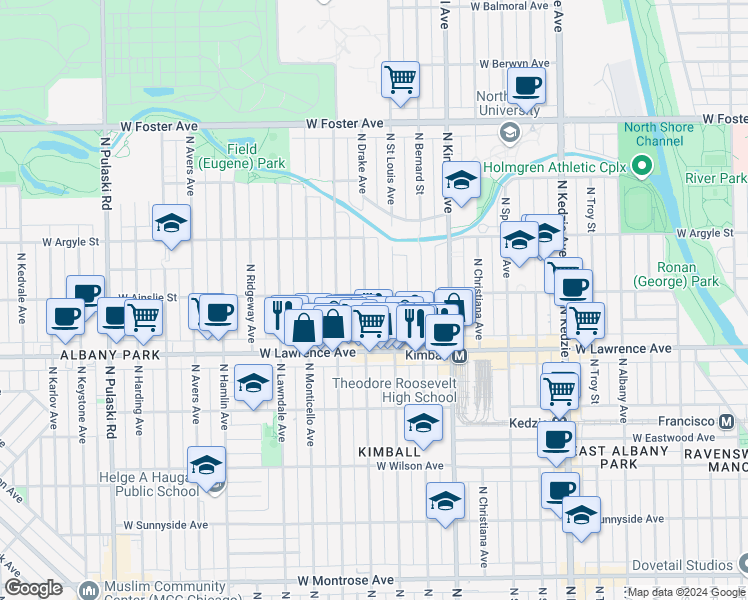 map of restaurants, bars, coffee shops, grocery stores, and more near 4855 North Drake Avenue in Chicago