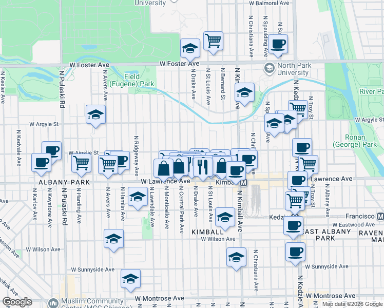 map of restaurants, bars, coffee shops, grocery stores, and more near 4855 North Drake Avenue in Chicago