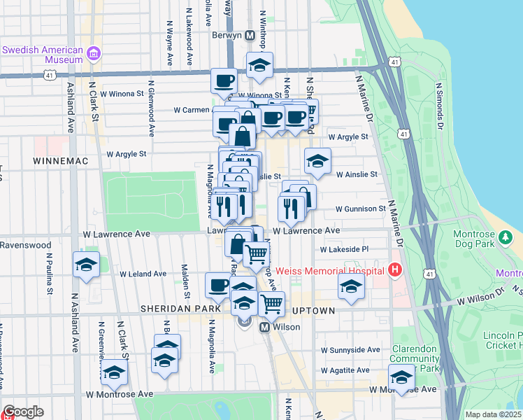 map of restaurants, bars, coffee shops, grocery stores, and more near 4837 North Broadway in Chicago