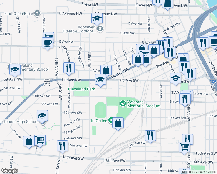 map of restaurants, bars, coffee shops, grocery stores, and more near 325 Murray Dr SW in Cedar Rapids