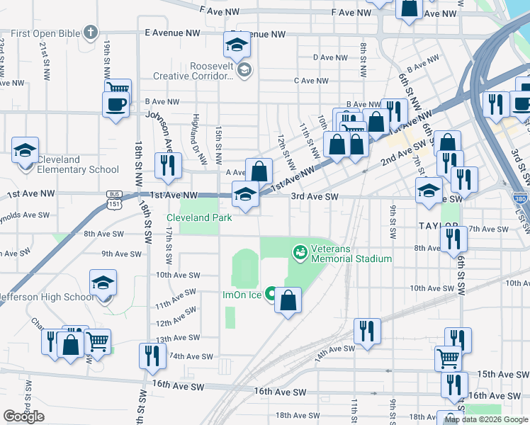 map of restaurants, bars, coffee shops, grocery stores, and more near 325 Murray Drive Southwest in Cedar Rapids
