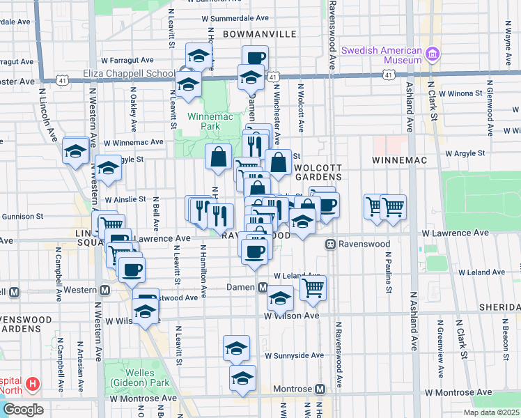 map of restaurants, bars, coffee shops, grocery stores, and more near 4842 North Damen Avenue in Chicago