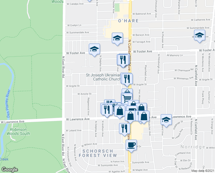 map of restaurants, bars, coffee shops, grocery stores, and more near 4951 West Argyle Street in Chicago