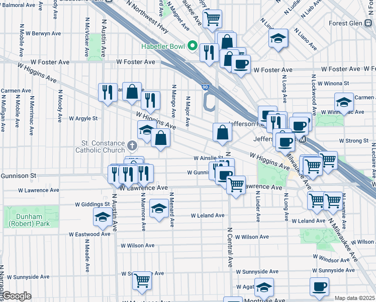 map of restaurants, bars, coffee shops, grocery stores, and more near 5717 West Grover Street in Chicago