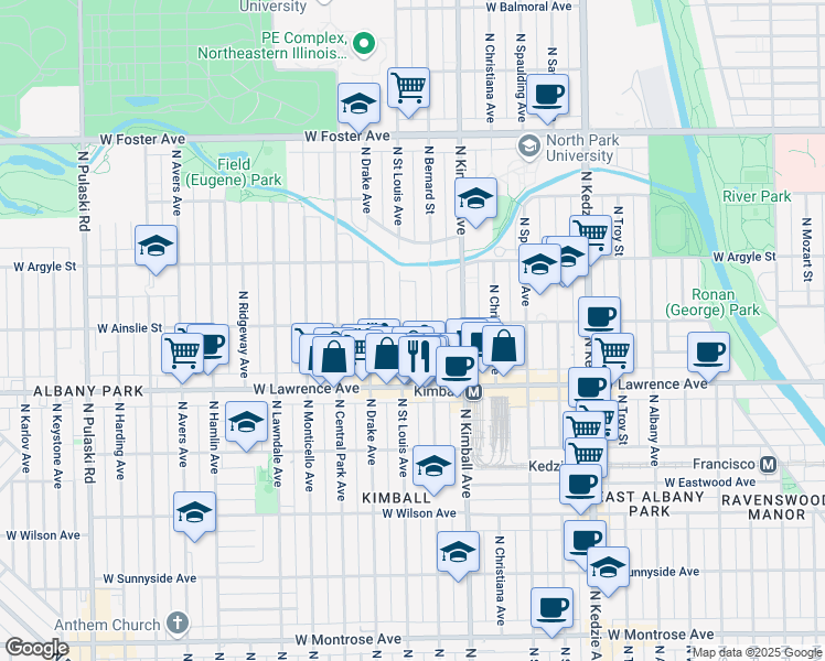 map of restaurants, bars, coffee shops, grocery stores, and more near 3449 West Ainslie Street in Chicago
