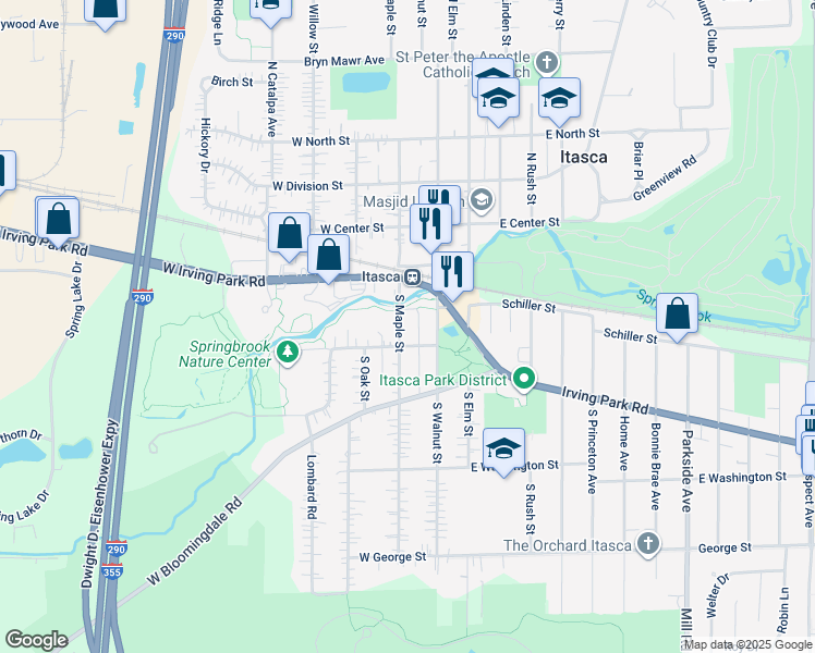 map of restaurants, bars, coffee shops, grocery stores, and more near 115 South Maple Avenue in Itasca