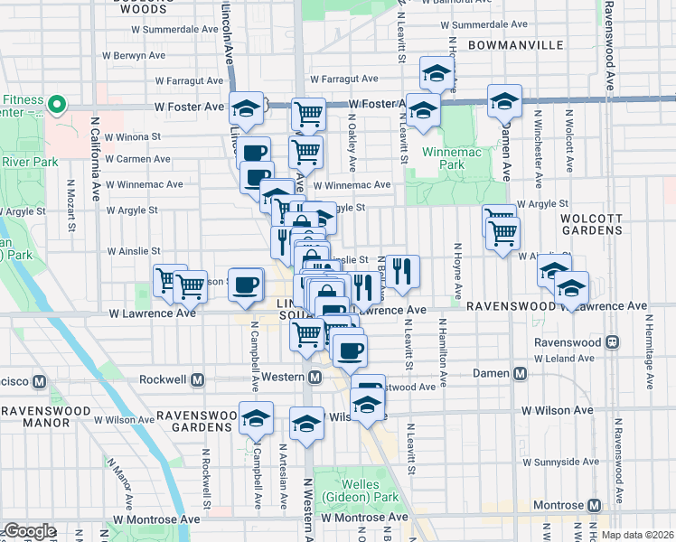 map of restaurants, bars, coffee shops, grocery stores, and more near 4846 North Oakley Avenue in Chicago