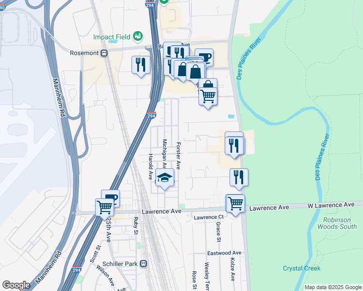 map of restaurants, bars, coffee shops, grocery stores, and more near 5015 Forster Avenue in Schiller Park