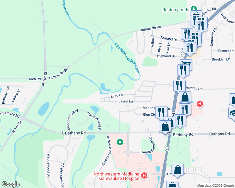 map of restaurants, bars, coffee shops, grocery stores, and more near 2559 Lilac Lane in Sycamore