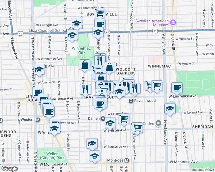 map of restaurants, bars, coffee shops, grocery stores, and more near 4840 North Winchester Avenue in Chicago