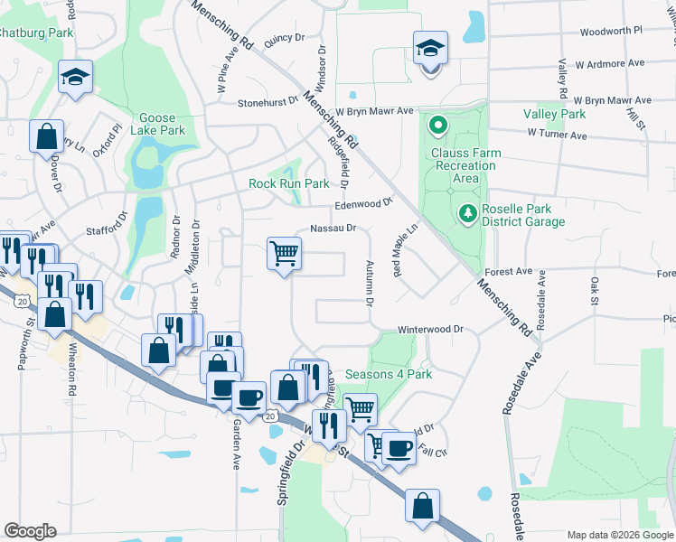 map of restaurants, bars, coffee shops, grocery stores, and more near 710 Country Lane East in Roselle