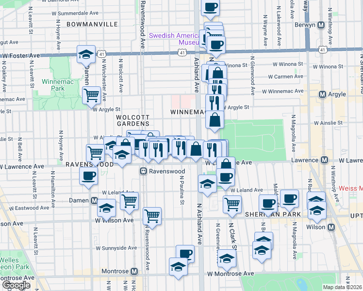 map of restaurants, bars, coffee shops, grocery stores, and more near 4840 North Paulina Street in Chicago