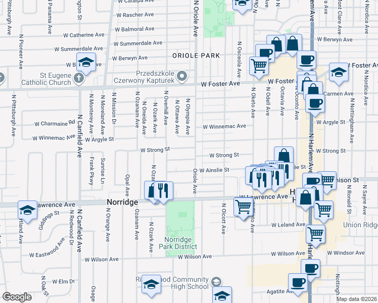 map of restaurants, bars, coffee shops, grocery stores, and more near 7609 West Strong Street in Harwood Heights