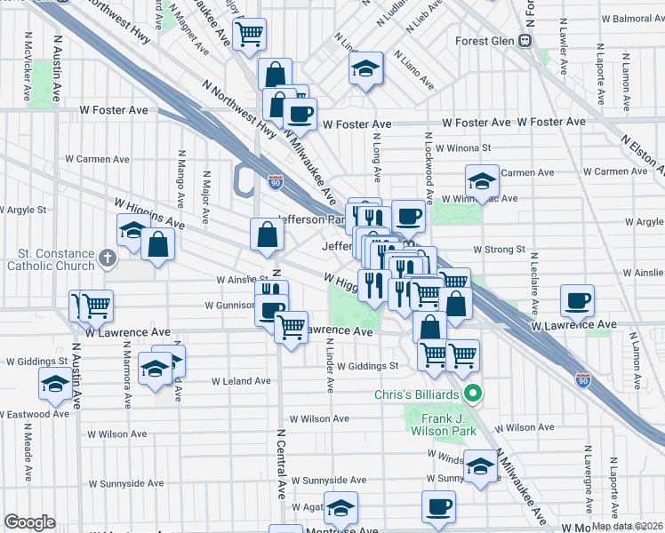 map of restaurants, bars, coffee shops, grocery stores, and more near 5446 West Gale Street in Chicago