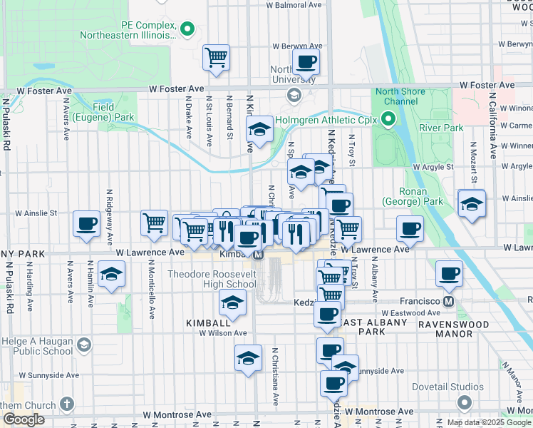 map of restaurants, bars, coffee shops, grocery stores, and more near 4856 North Christiana Avenue in Chicago