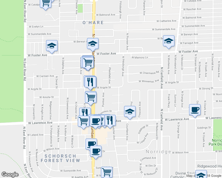 map of restaurants, bars, coffee shops, grocery stores, and more near 8285 West Argyle Street in Norridge