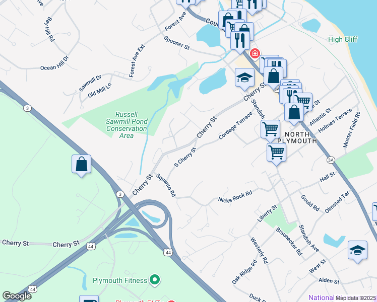 map of restaurants, bars, coffee shops, grocery stores, and more near 5 South Cherry Street in Plymouth