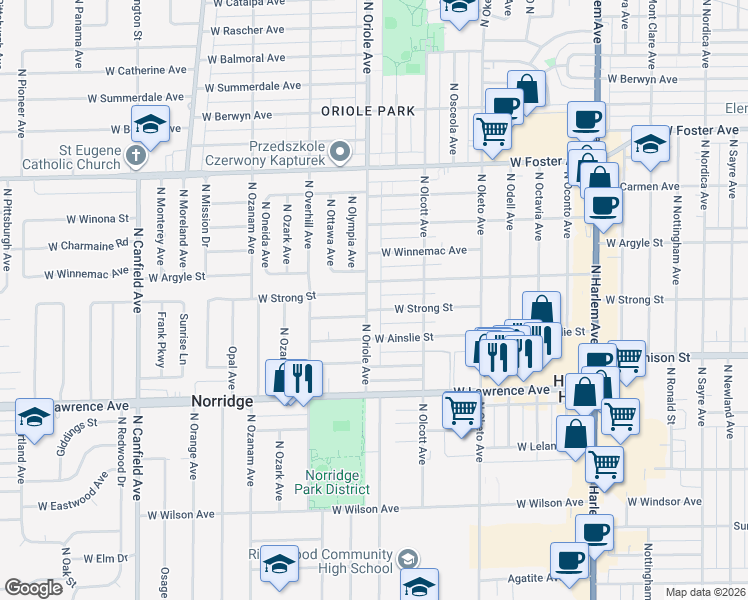 map of restaurants, bars, coffee shops, grocery stores, and more near 7536 West Strong Street in Harwood Heights