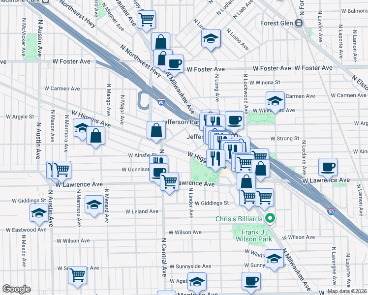 map of restaurants, bars, coffee shops, grocery stores, and more near 5450 West Gale Street in Chicago