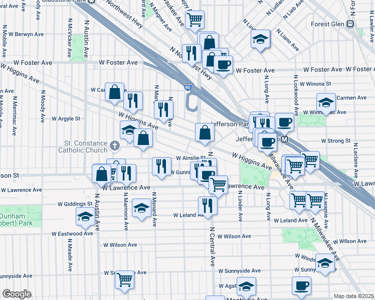 map of restaurants, bars, coffee shops, grocery stores, and more near 5650 West Grover Street in Chicago