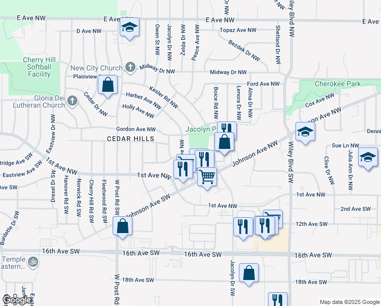 map of restaurants, bars, coffee shops, grocery stores, and more near 128 Rich Mar Court Northwest in Cedar Rapids