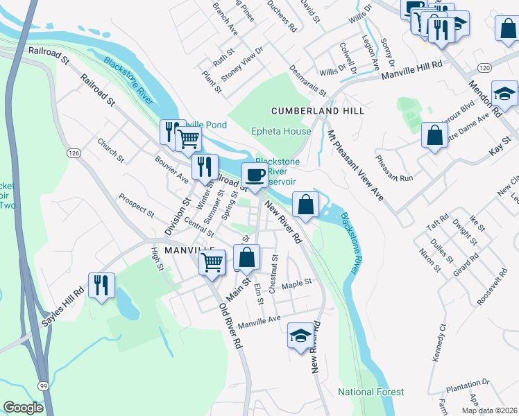 map of restaurants, bars, coffee shops, grocery stores, and more near 30 Main Street in Lincoln
