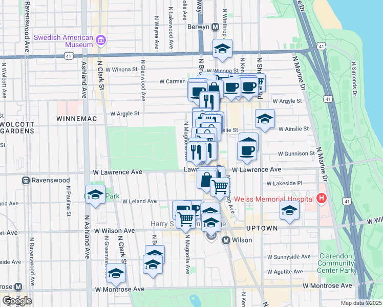 map of restaurants, bars, coffee shops, grocery stores, and more near 4832 North Broadway in Chicago