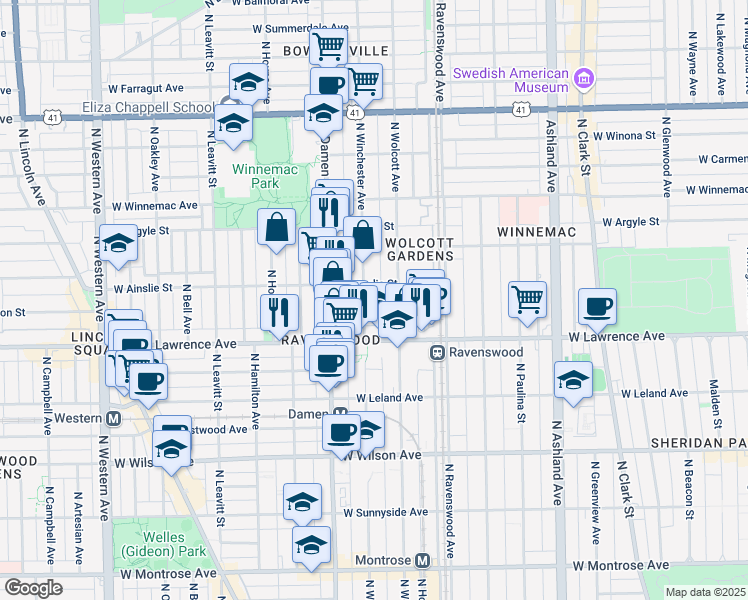 map of restaurants, bars, coffee shops, grocery stores, and more near 4840 North Winchester Avenue in Chicago