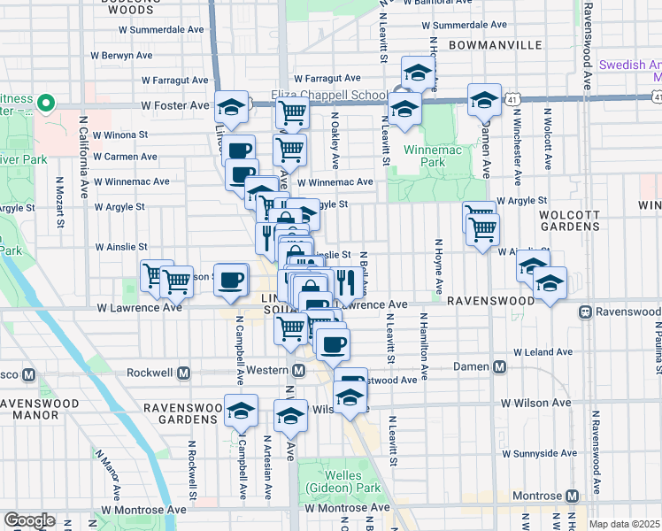 map of restaurants, bars, coffee shops, grocery stores, and more near 4846 North Oakley Avenue in Chicago