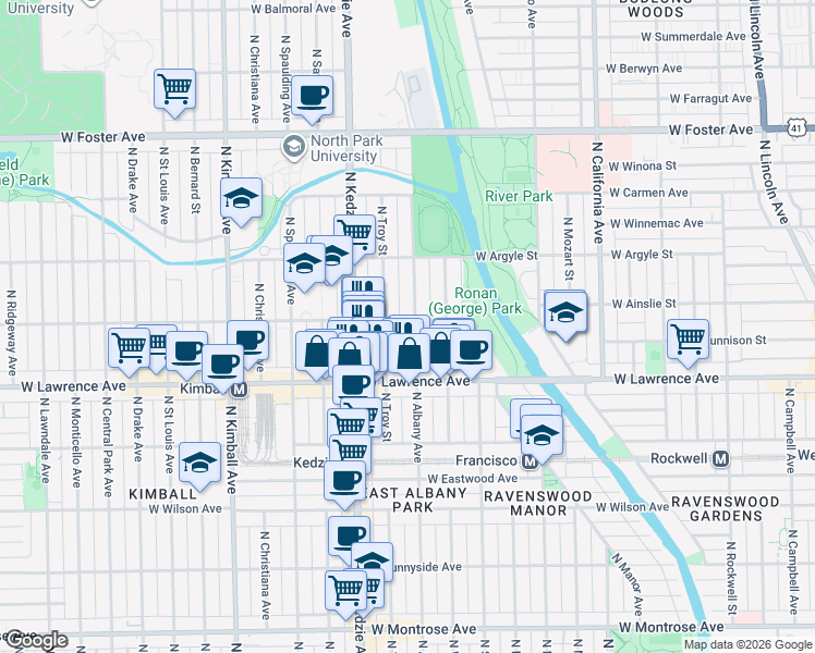 map of restaurants, bars, coffee shops, grocery stores, and more near 4850 North Albany Avenue in Chicago