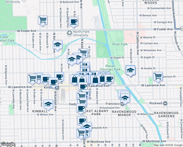map of restaurants, bars, coffee shops, grocery stores, and more near 4850 North Albany Avenue in Chicago