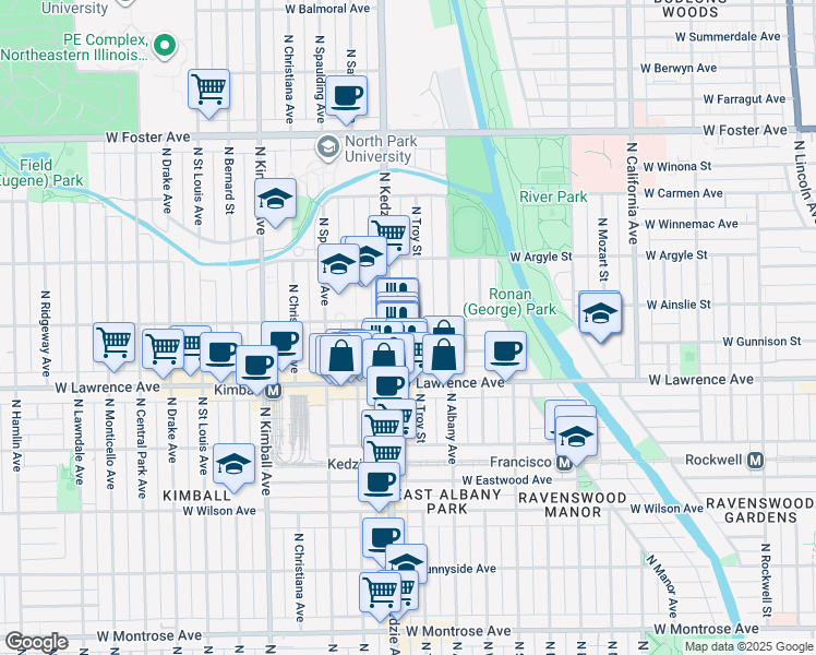 map of restaurants, bars, coffee shops, grocery stores, and more near 4849 North Kedzie Avenue in Chicago
