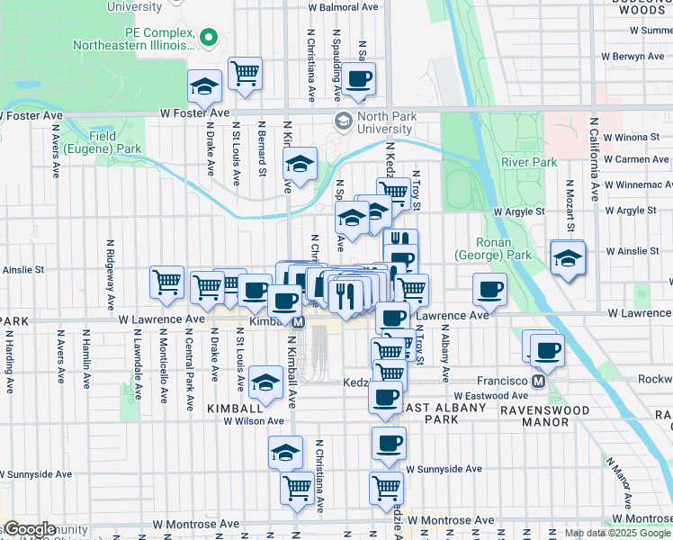map of restaurants, bars, coffee shops, grocery stores, and more near 4850 North Spaulding Avenue in Chicago