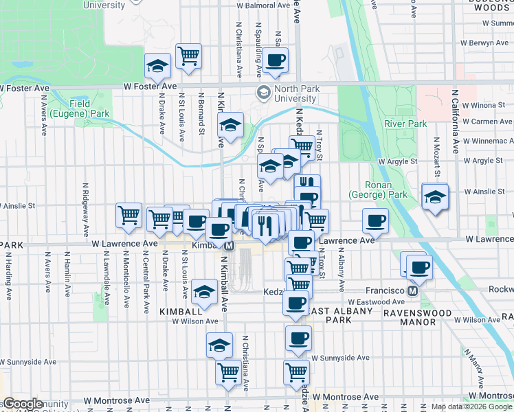 map of restaurants, bars, coffee shops, grocery stores, and more near 4850 North Spaulding Avenue in Chicago