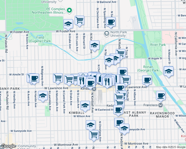 map of restaurants, bars, coffee shops, grocery stores, and more near 4856 North Christiana Avenue in Chicago