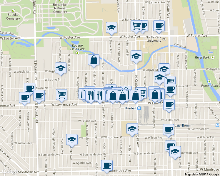 map of restaurants, bars, coffee shops, grocery stores, and more near 4855 North Drake Avenue in Chicago