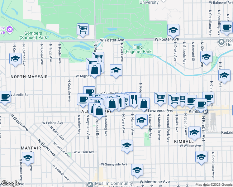 map of restaurants, bars, coffee shops, grocery stores, and more near 4856 North Springfield Avenue in Chicago