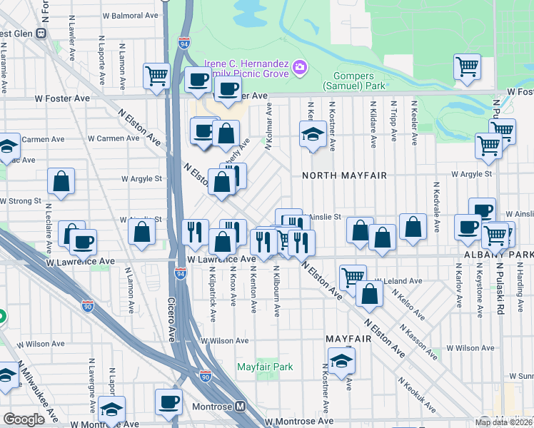 map of restaurants, bars, coffee shops, grocery stores, and more near 4908 North Kentucky Avenue in Chicago