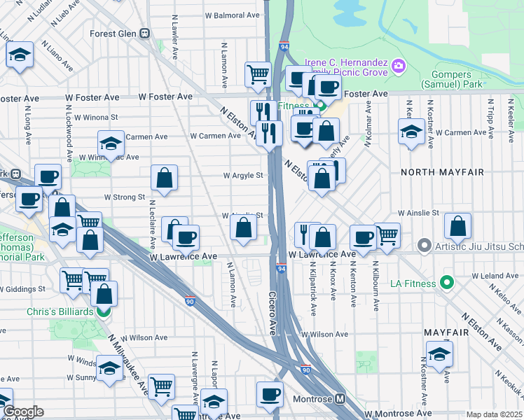 map of restaurants, bars, coffee shops, grocery stores, and more near 4816 West Ainslie Street in Chicago
