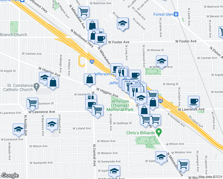 map of restaurants, bars, coffee shops, grocery stores, and more near 5450 West Gale Street in Chicago