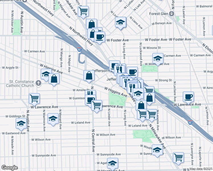 map of restaurants, bars, coffee shops, grocery stores, and more near 5450 West Gale Street in Chicago