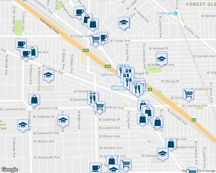 map of restaurants, bars, coffee shops, grocery stores, and more near 5450 West Gale Street in Chicago
