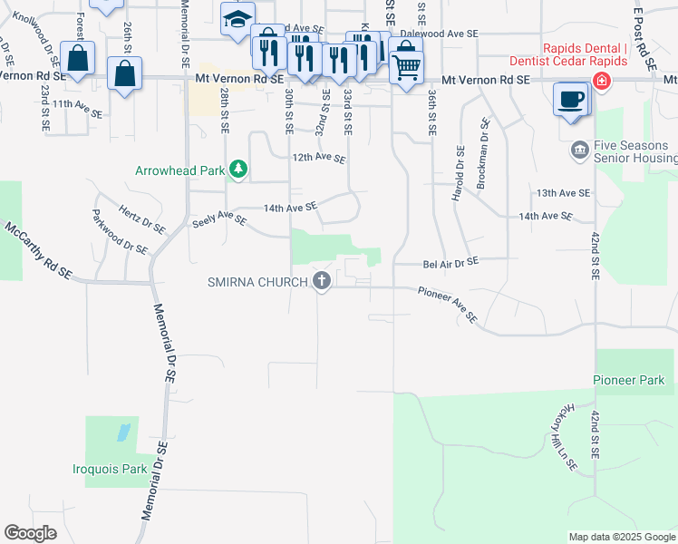 map of restaurants, bars, coffee shops, grocery stores, and more near 1520 Oak Ridge Lane Southeast in Cedar Rapids