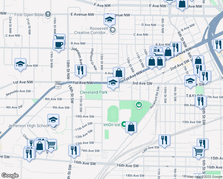 map of restaurants, bars, coffee shops, grocery stores, and more near 1400 7th Avenue Southwest in Cedar Rapids