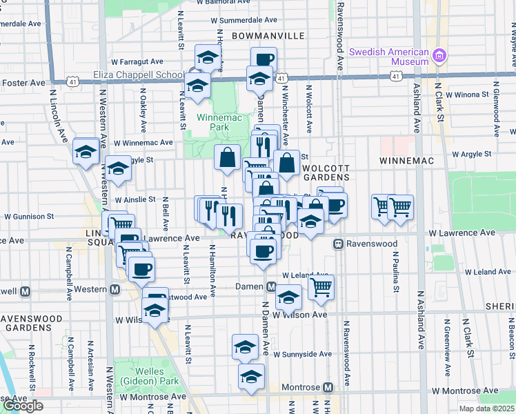 map of restaurants, bars, coffee shops, grocery stores, and more near 4844 North Damen Avenue in Chicago