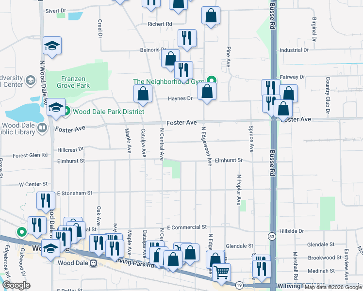 map of restaurants, bars, coffee shops, grocery stores, and more near 350 Itasca Street in Wood Dale