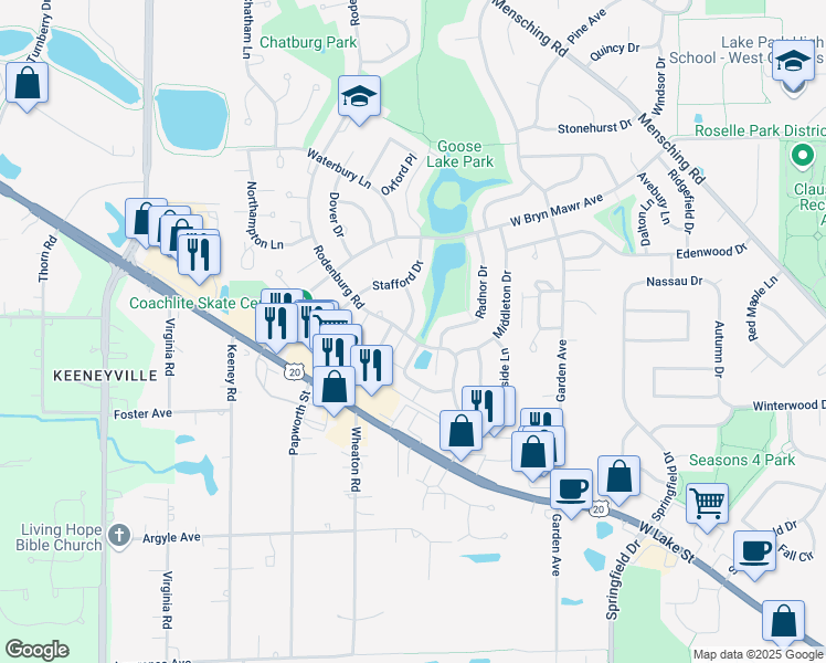 map of restaurants, bars, coffee shops, grocery stores, and more near 715 Briarwood Lane in Roselle
