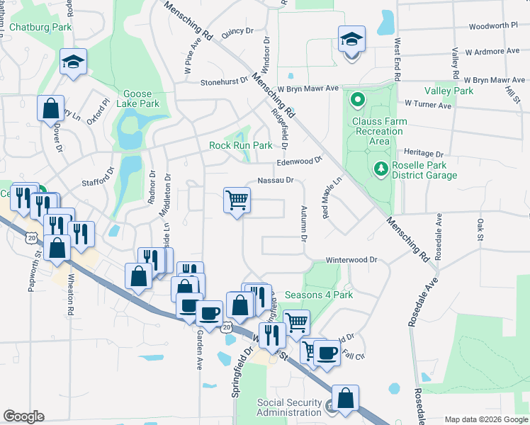 map of restaurants, bars, coffee shops, grocery stores, and more near 732 Country Lane South in Roselle